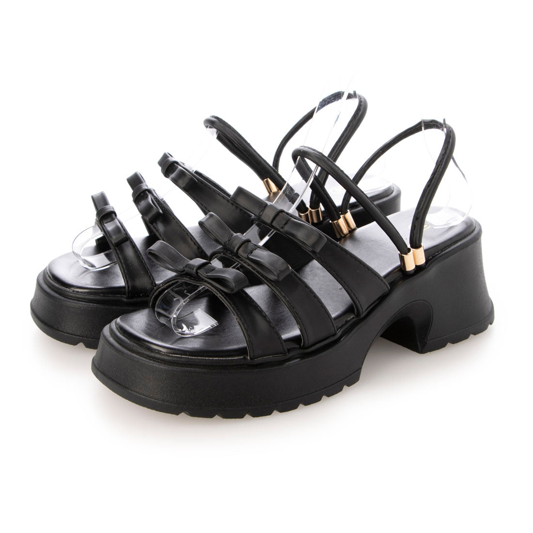 シューズインクローゼット Shoes in Closet -シュークロ- 軽量厚底 2WAY メニーリボン ヒール サンダル 5992 （ブラック） ブラック