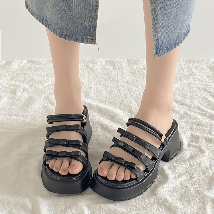 シューズインクローゼット Shoes in Closet -シュークロ- 軽量厚底 2WAY メニーリボン ヒール サンダル 5992 （ブラック） ブラック
