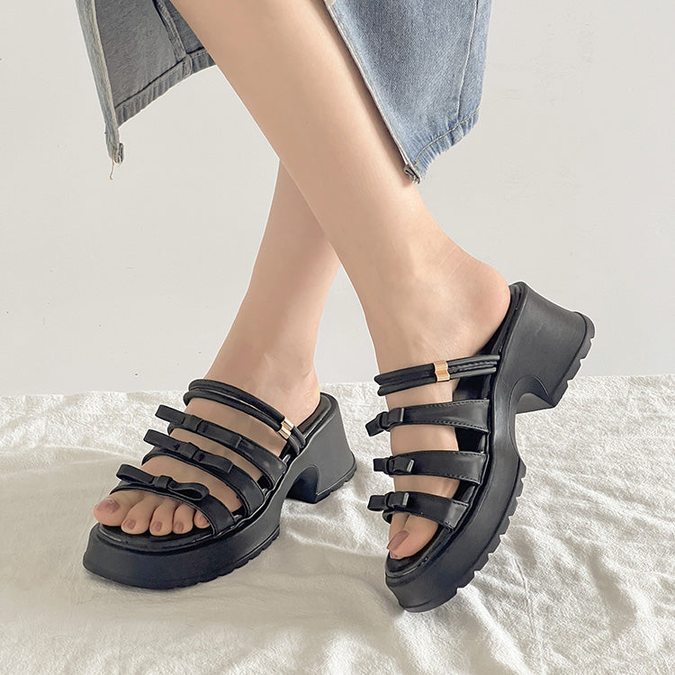 シューズインクローゼット Shoes in Closet -シュークロ- 軽量厚底 2WAY メニーリボン ヒール サンダル 5992 （ブラック） ブラック