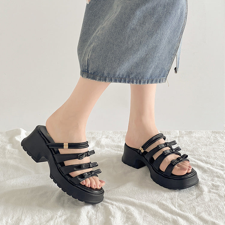 シューズインクローゼット Shoes in Closet -シュークロ- 軽量厚底 2WAY メニーリボン ヒール サンダル 5992 （ブラック） ブラック