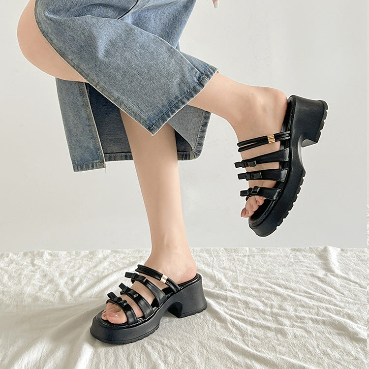 シューズインクローゼット Shoes in Closet -シュークロ- 軽量厚底 2WAY メニーリボン ヒール サンダル 5992 （ブラック） ブラック