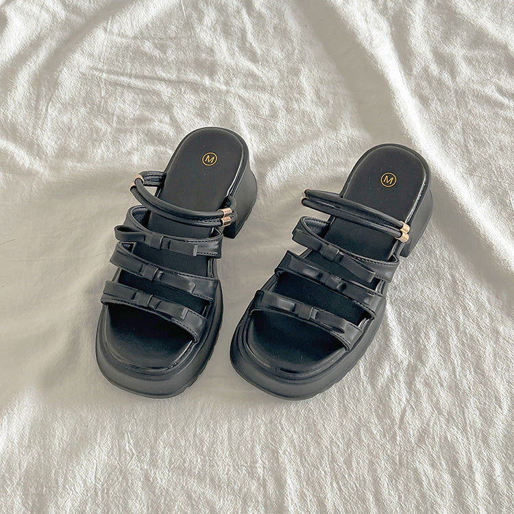 シューズインクローゼット Shoes in Closet -シュークロ- 軽量厚底 2WAY メニーリボン ヒール サンダル 5992 （ブラック） ブラック
