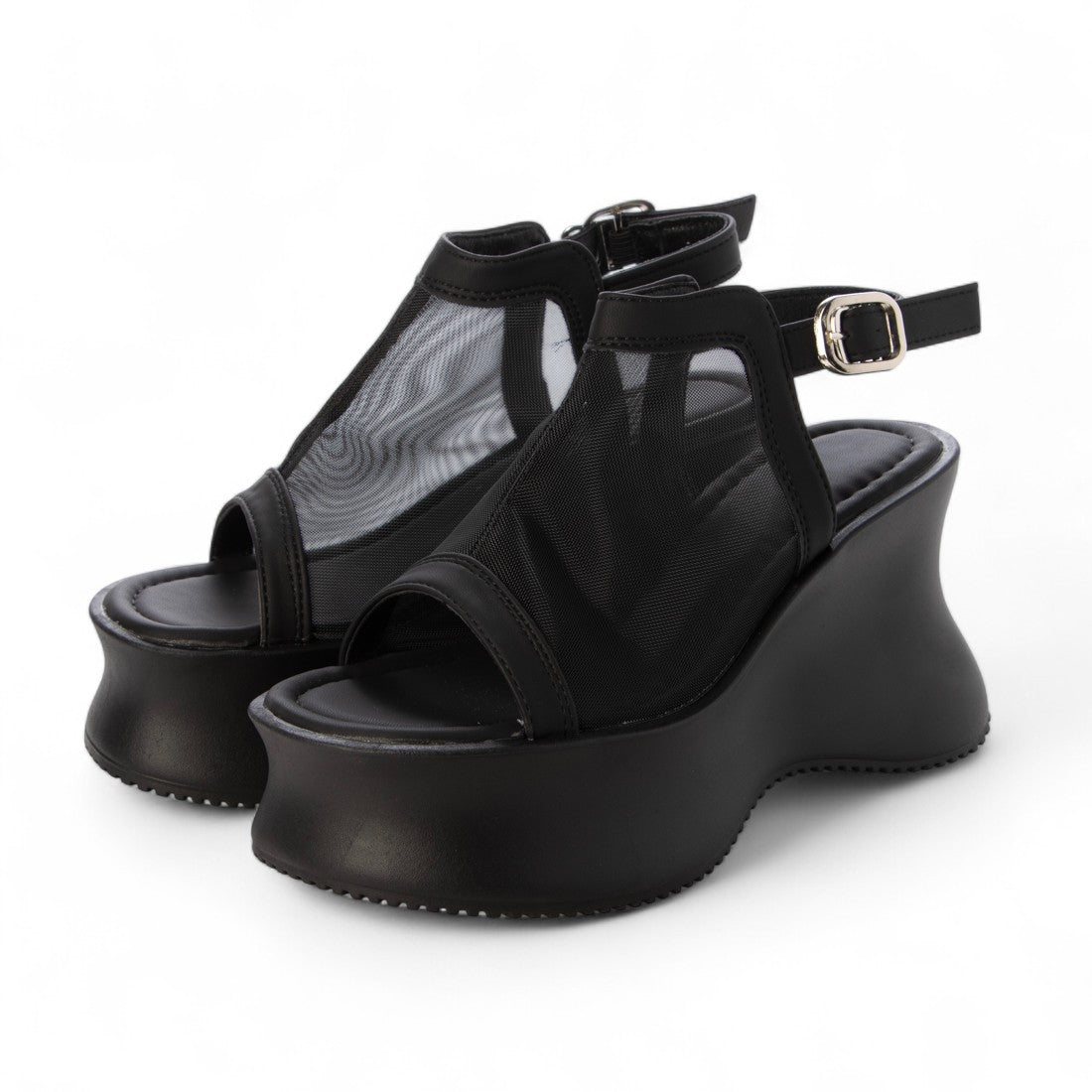 シューズインクローゼット Shoes in Closet -シュークロ- 軽量厚底 変型プラットフォーム やわらか バック ストラップ サンダル 581 （ブラック/レース） ブラック/レース