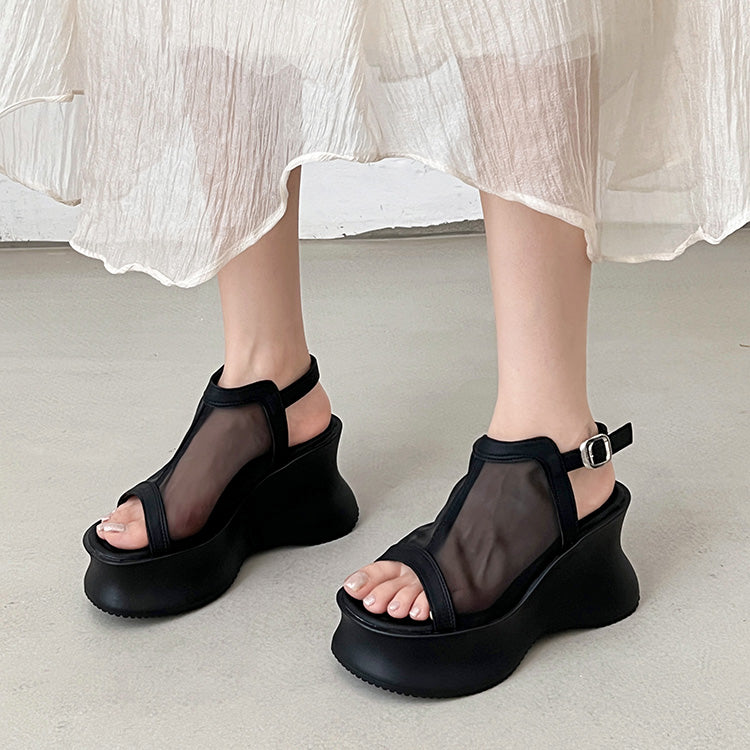 シューズインクローゼット Shoes in Closet -シュークロ- 軽量厚底 変型プラットフォーム やわらか バック ストラップ サンダル 581 （ブラック/レース） ブラック/レース