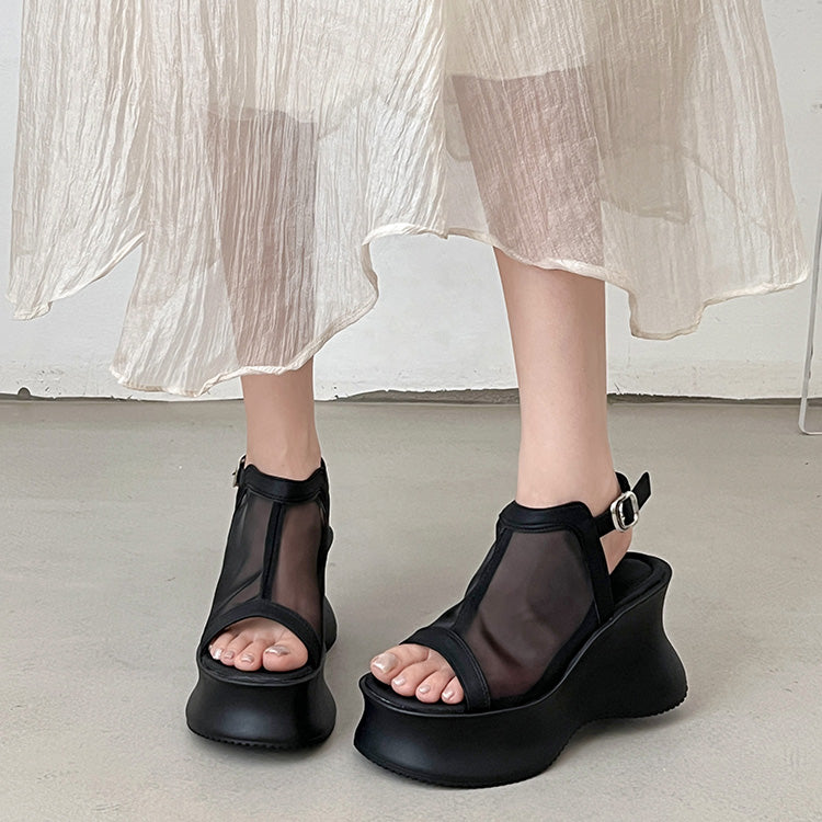 シューズインクローゼット Shoes in Closet -シュークロ- 軽量厚底 変型プラットフォーム やわらか バック ストラップ サンダル 581 （ブラック/レース） ブラック/レース