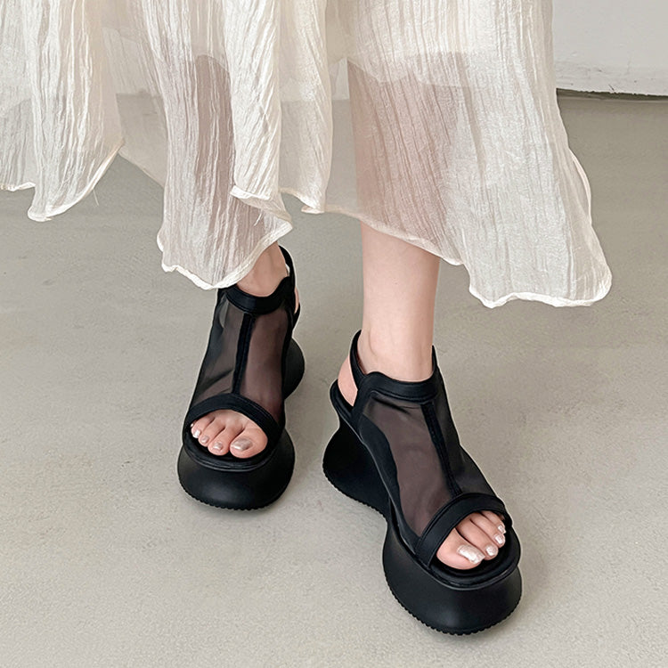 シューズインクローゼット Shoes in Closet -シュークロ- 軽量厚底 変型プラットフォーム やわらか バック ストラップ サンダル 581 （ブラック/レース） ブラック/レース