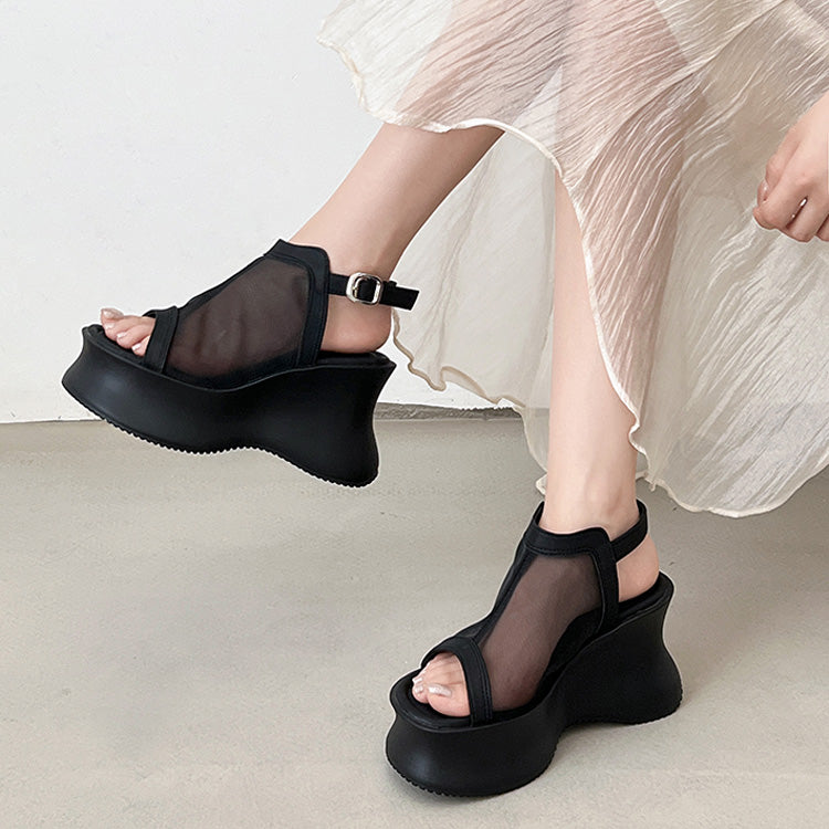 シューズインクローゼット Shoes in Closet -シュークロ- 軽量厚底 変型プラットフォーム やわらか バック ストラップ サンダル 581 （ブラック/レース） ブラック/レース
