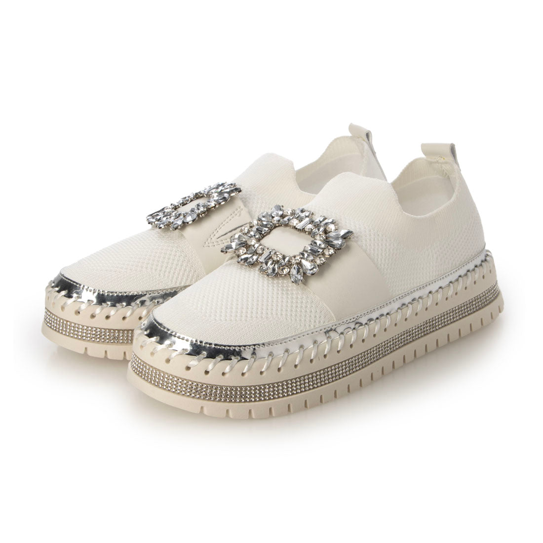 シューズインクローゼット Shoes in Closet -シュークロ- 超軽量 ビジューバックル ニットスリッポン 566 （ホワイト） ホワイト