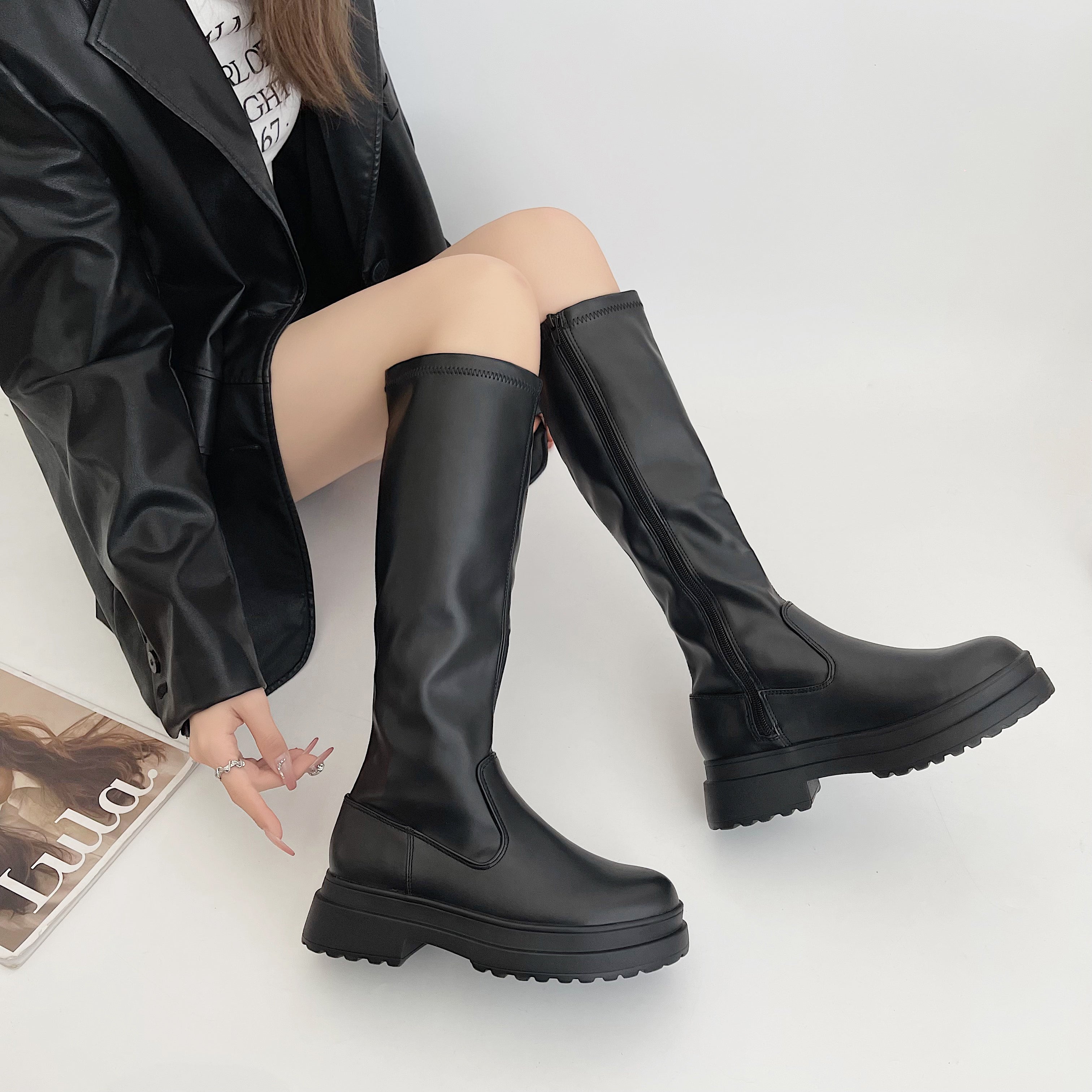 シューズインクローゼット Shoes in Closet -シュークロ- 厚底2段ソール ヒールアップ ストレッチ ロングブーツ 1846 （ブラック） ブラック