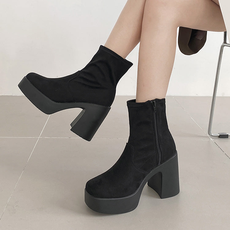 シューズインクローゼット  Shoes in Closet -シュークロ- 厚底 チャンキーヒール スタイリッシュ ショートブーツ 1847 （ブラック/スエード） ブラック/スエード