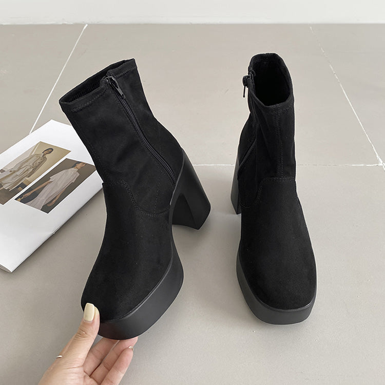 シューズインクローゼット  Shoes in Closet -シュークロ- 厚底 チャンキーヒール スタイリッシュ ショートブーツ 1847 （ブラック/スエード） ブラック/スエード
