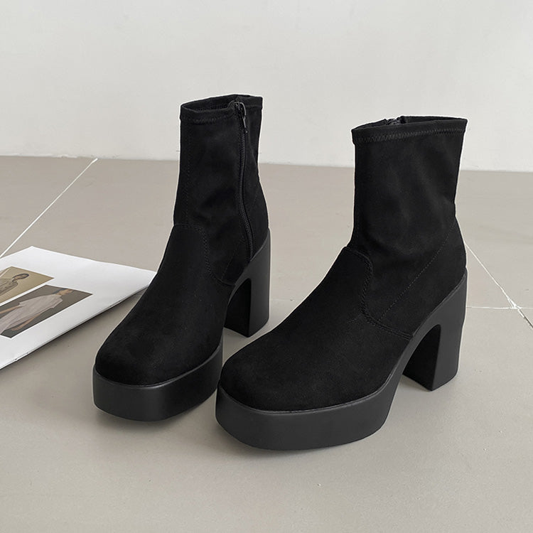 シューズインクローゼット  Shoes in Closet -シュークロ- 厚底 チャンキーヒール スタイリッシュ ショートブーツ 1847 （ブラック/スエード） ブラック/スエード