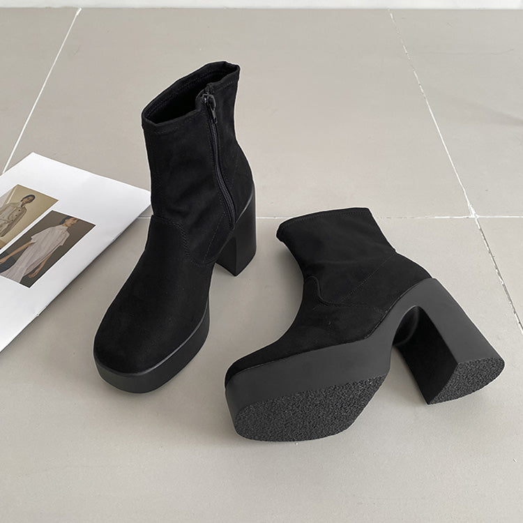 シューズインクローゼット  Shoes in Closet -シュークロ- 厚底 チャンキーヒール スタイリッシュ ショートブーツ 1847 （ブラック/スエード） ブラック/スエード