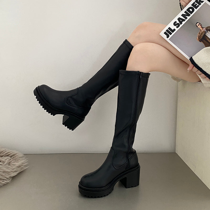 シューズインクローゼット  Shoes in Closet -シュークロ- 厚底 ヒールアップ プレーンストレッチ ロングブーツ 1879 （ブラック） ブラック