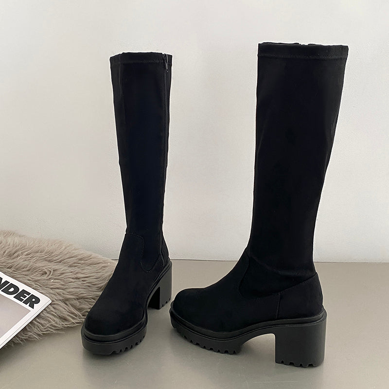 シューズインクローゼット  Shoes in Closet -シュークロ- 厚底 ヒールアップ プレーンストレッチ ロングブーツ 1879 （ブラック/スエード） ブラック/スエード