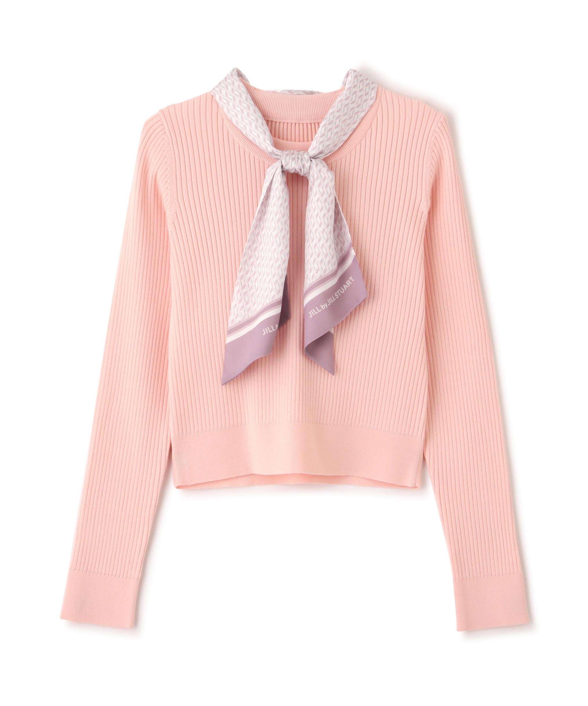 幾何チェック柄スカーフ付きリブニット ピンク