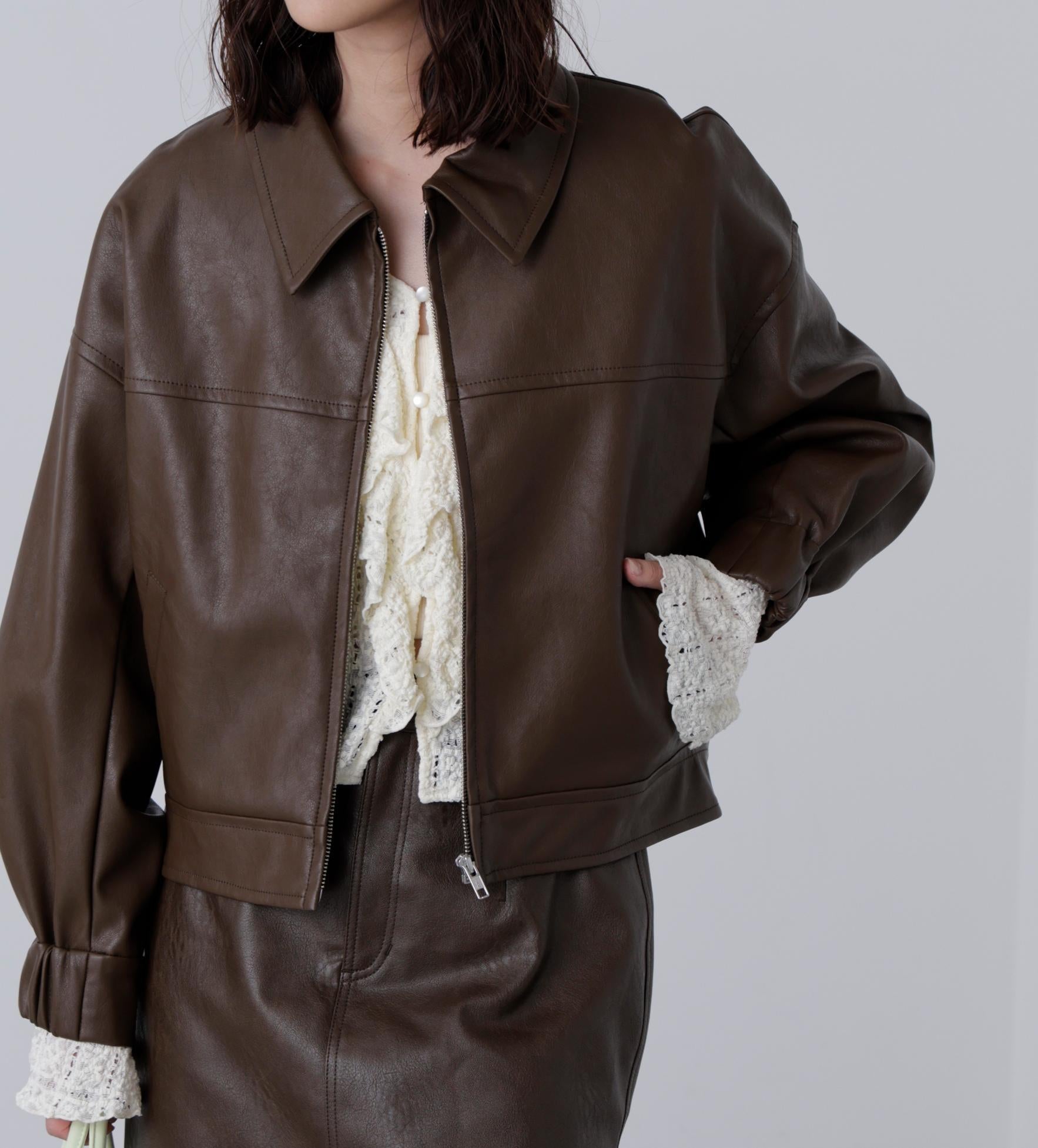 合皮ジップアップブルゾン ブラウン