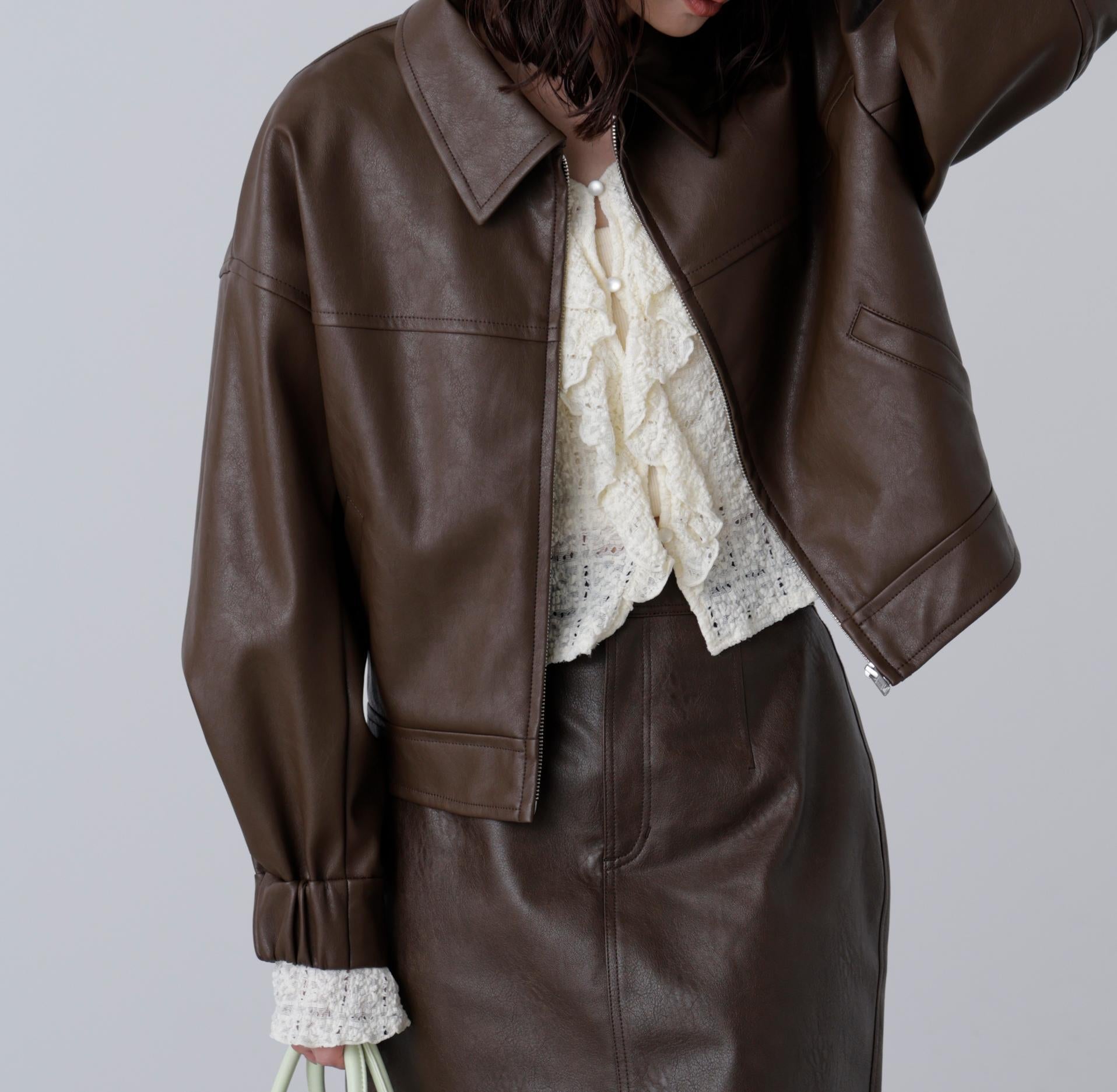 合皮ジップアップブルゾン ブラウン