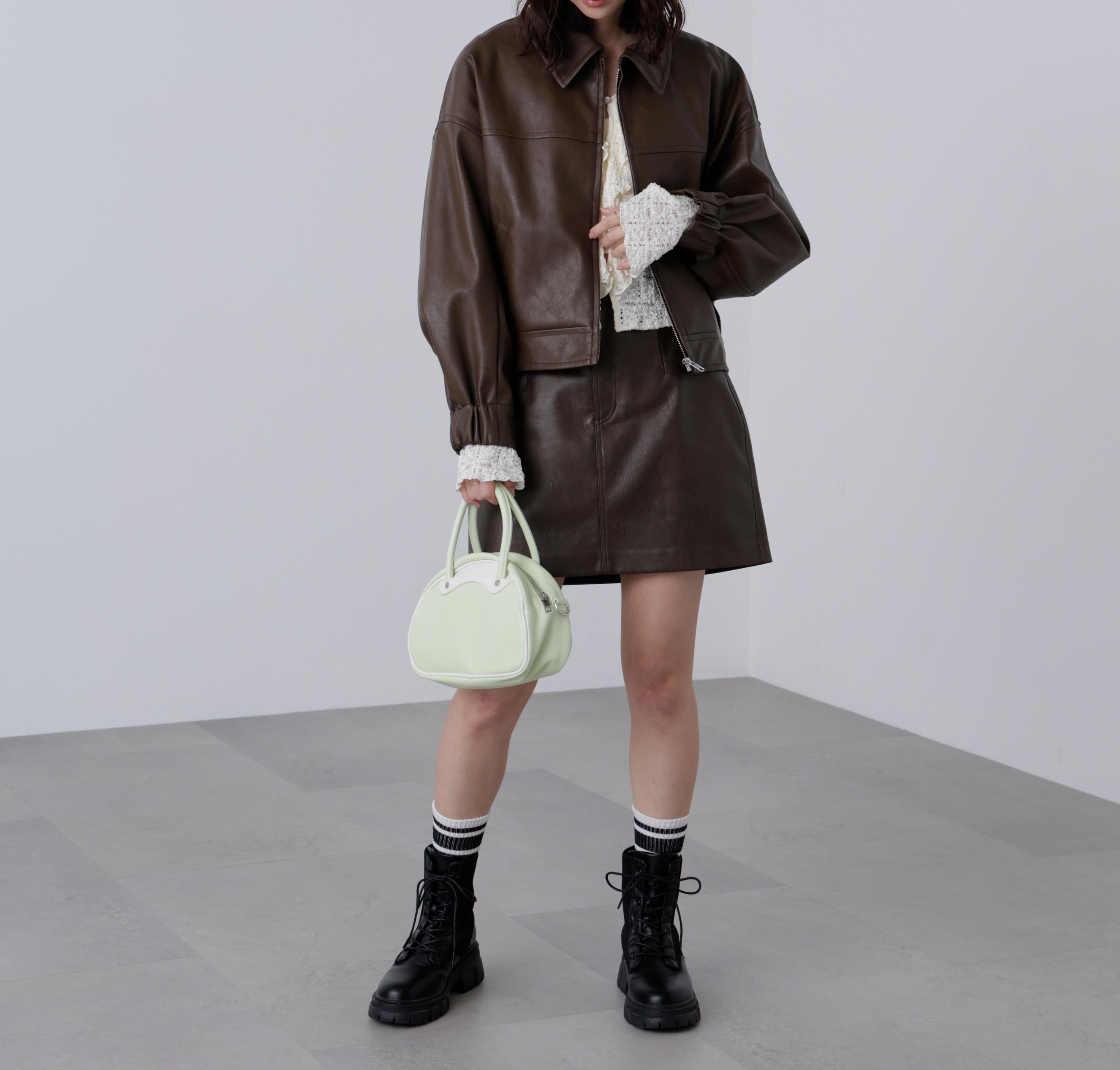 合皮ジップアップブルゾン ブラウン