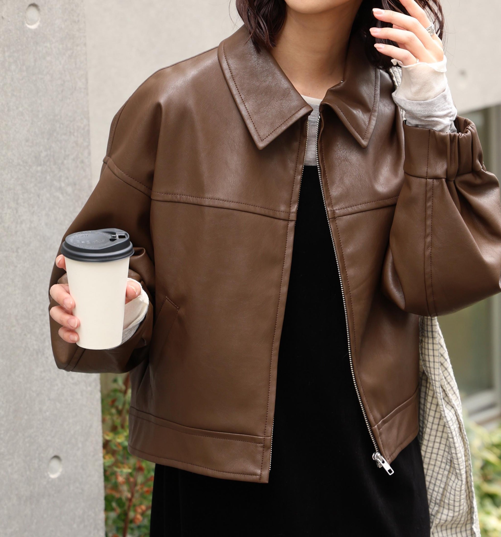 合皮ジップアップブルゾン ブラウン