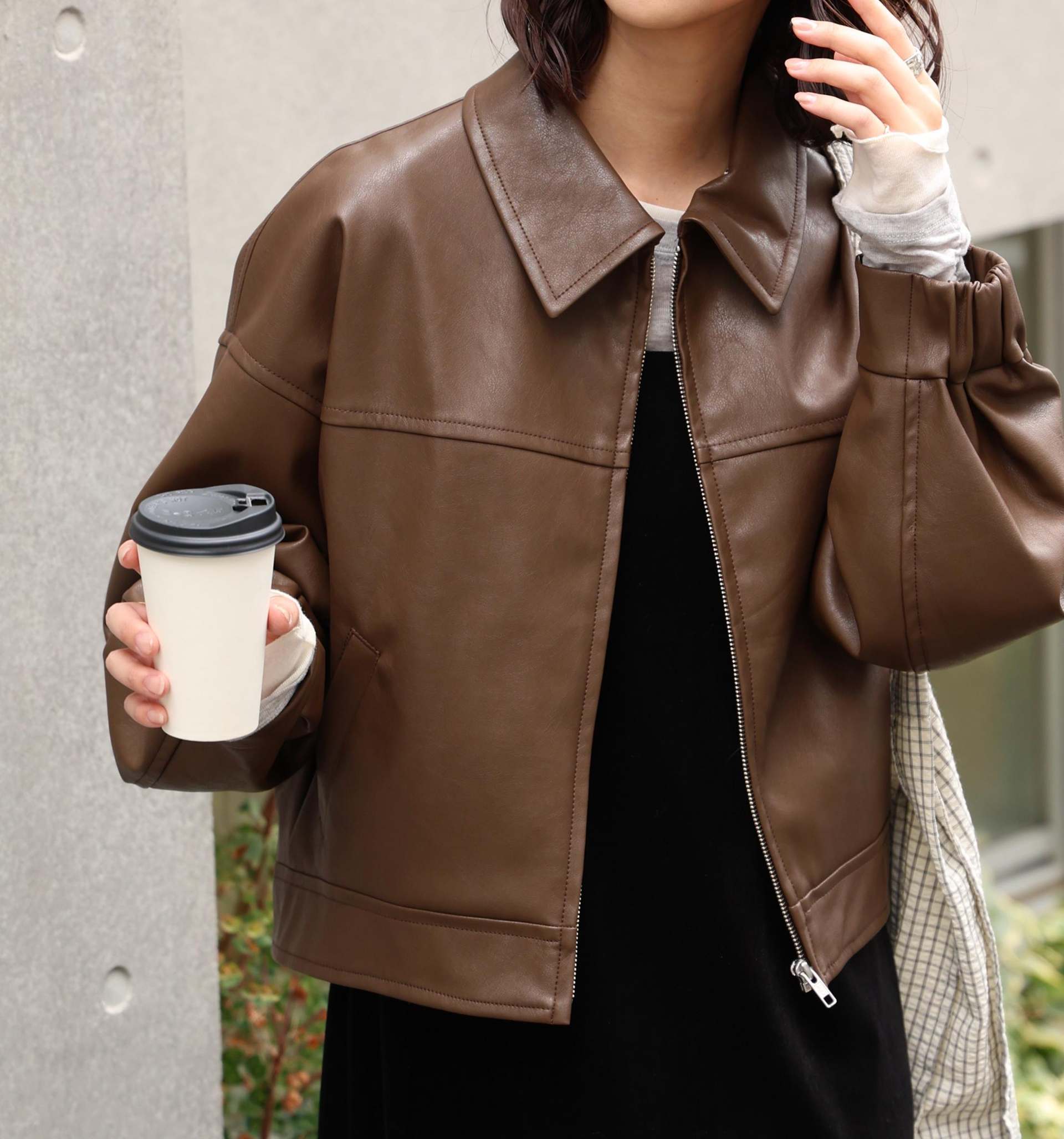 合皮ジップアップブルゾン ブラウン