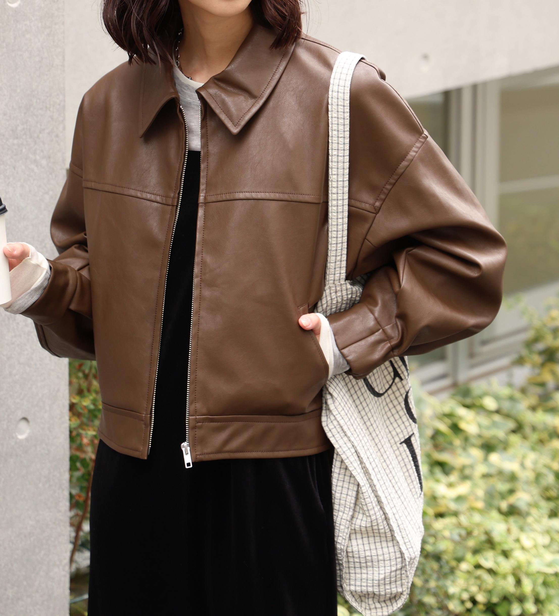 合皮ジップアップブルゾン ブラウン