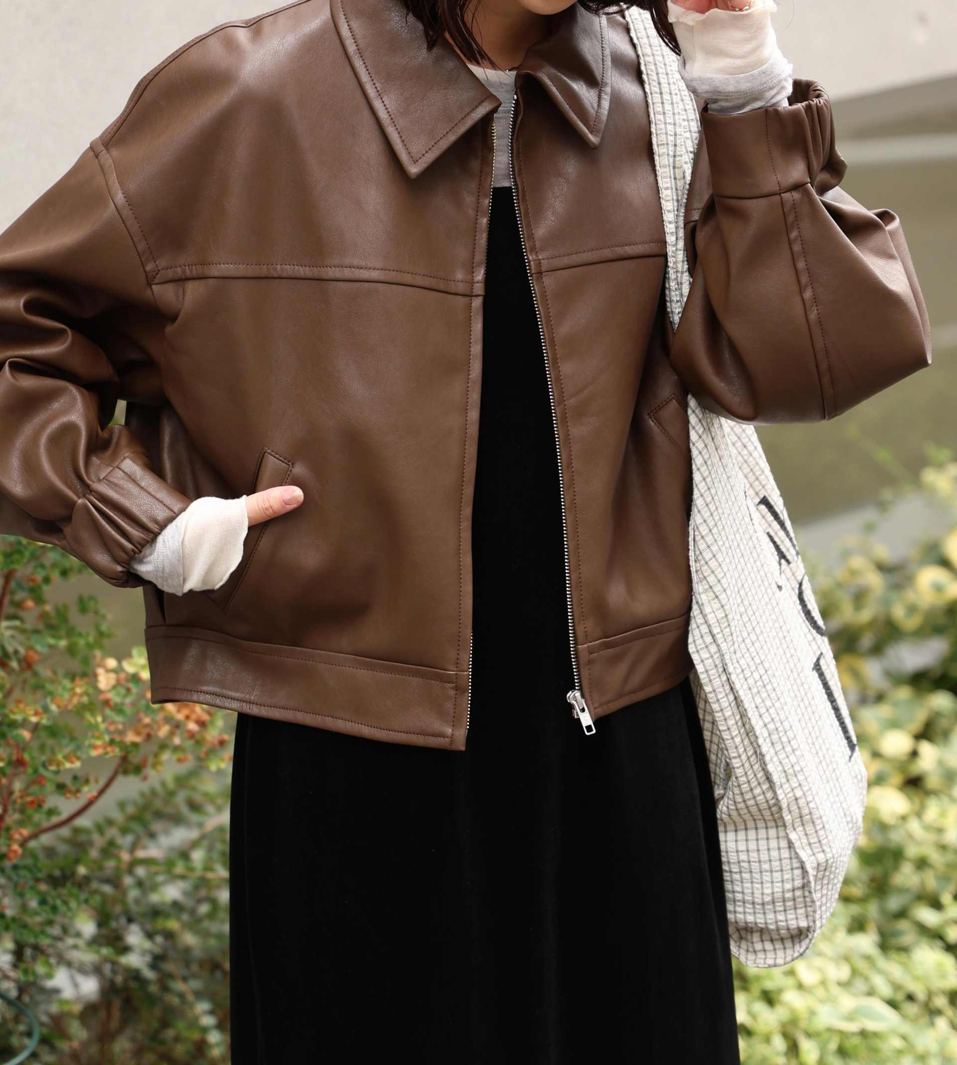 合皮ジップアップブルゾン ブラウン