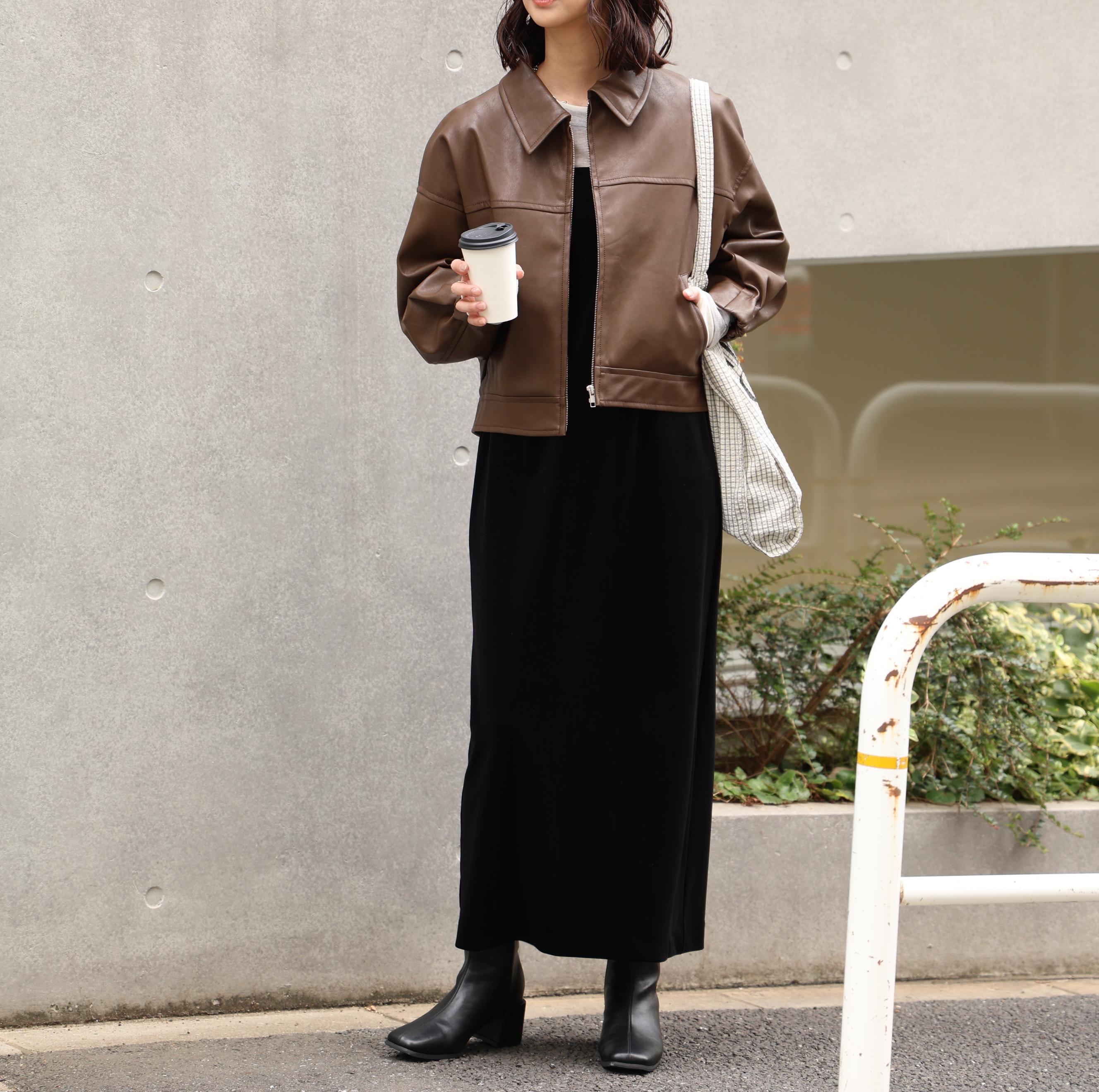 合皮ジップアップブルゾン ブラウン