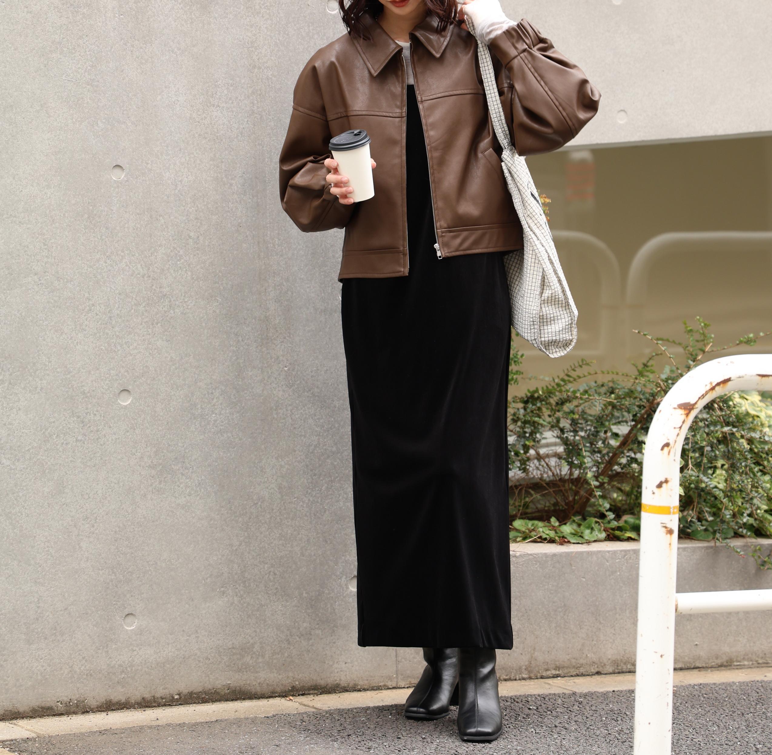 合皮ジップアップブルゾン ブラウン