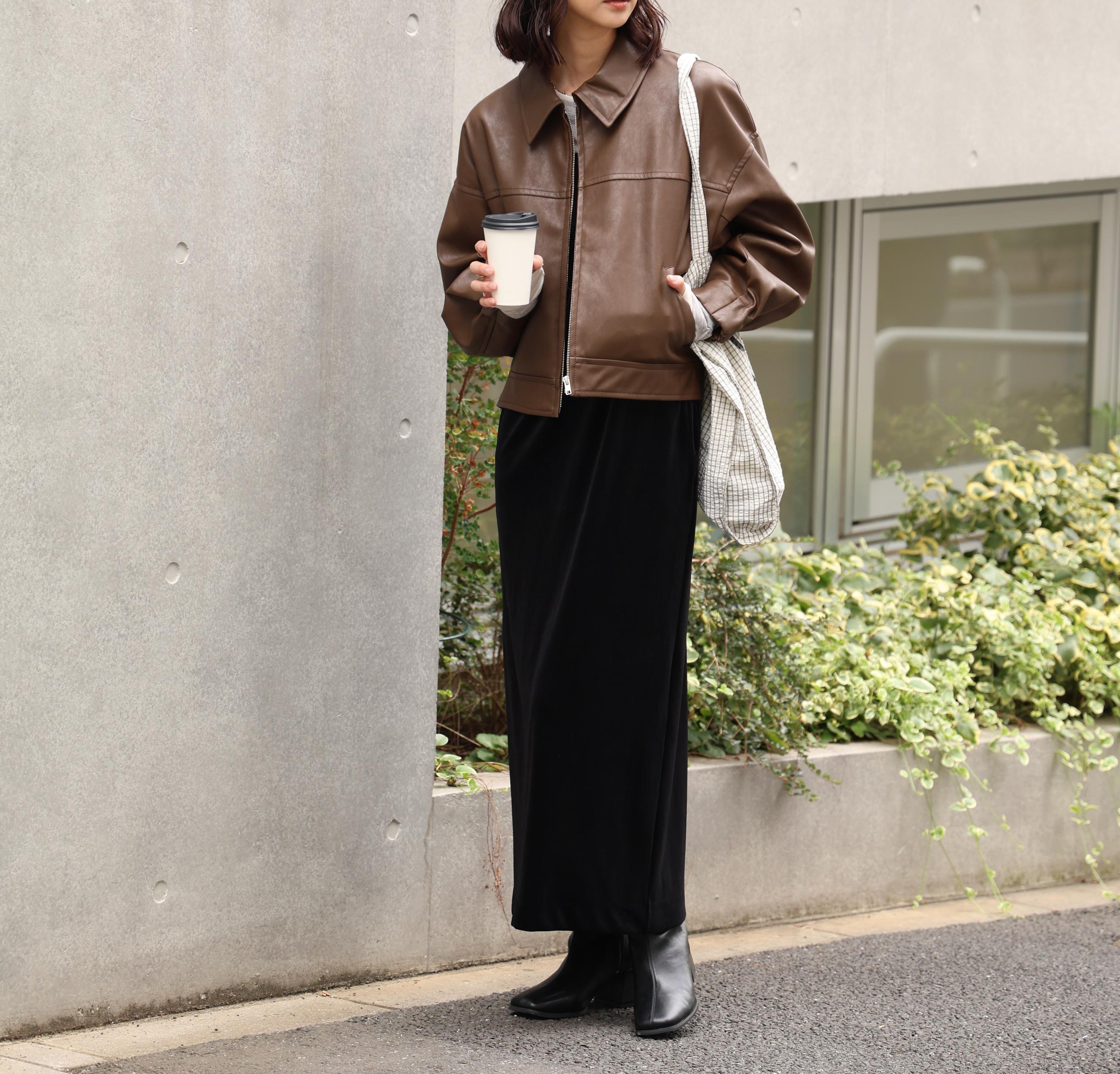 合皮ジップアップブルゾン ブラウン