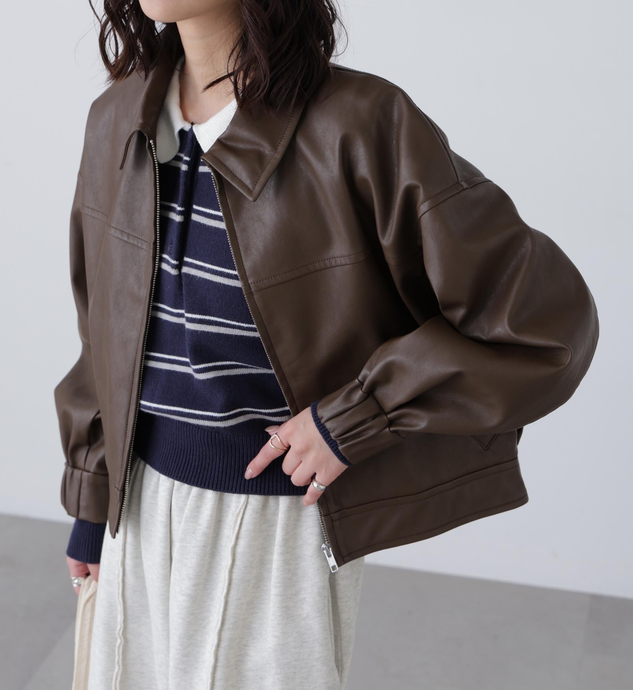 合皮ジップアップブルゾン ブラウン