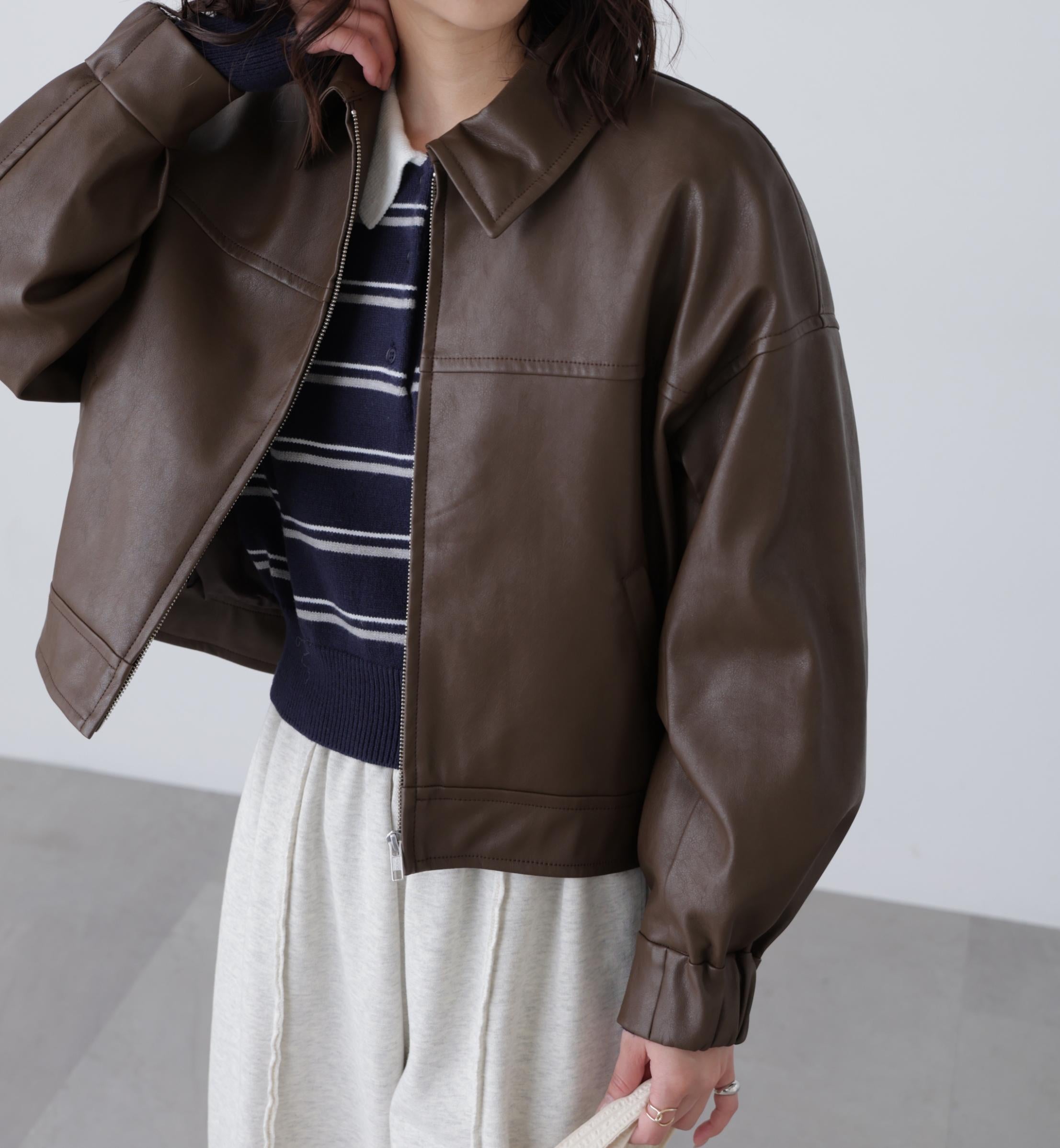 合皮ジップアップブルゾン ブラウン