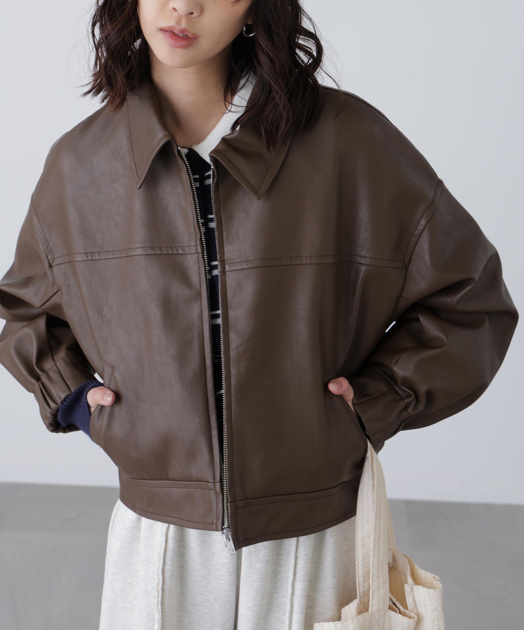 合皮ジップアップブルゾン ブラウン