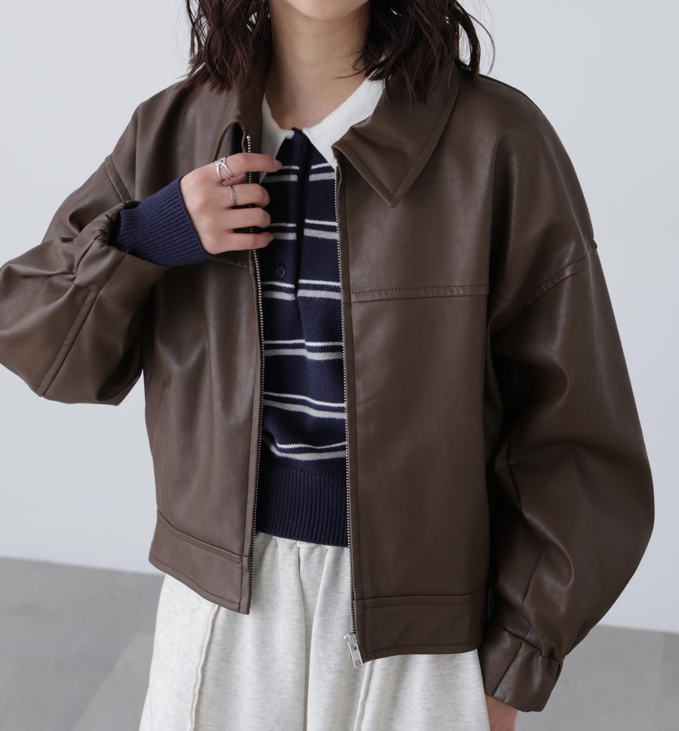 合皮ジップアップブルゾン ブラウン