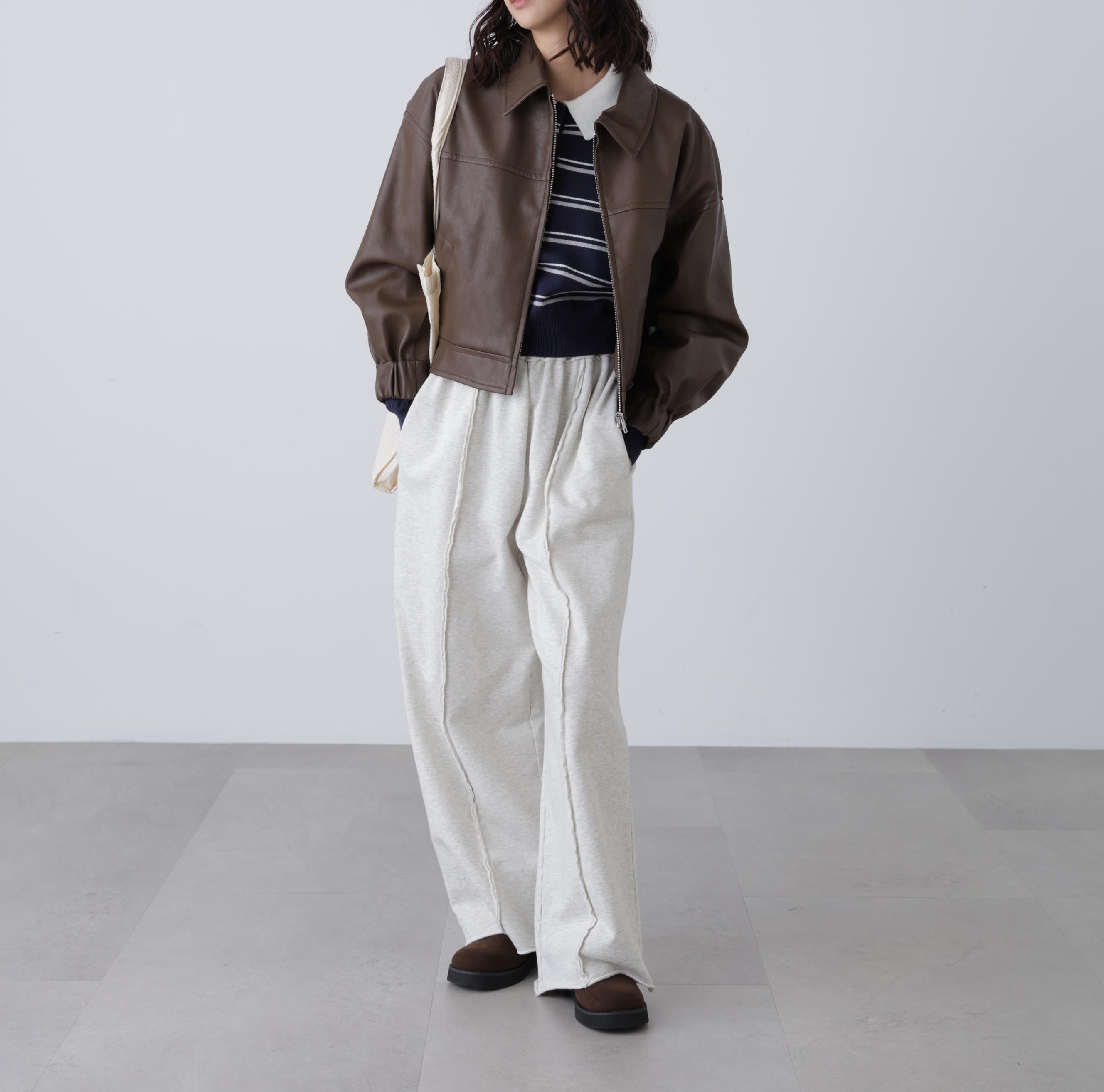 合皮ジップアップブルゾン ブラウン