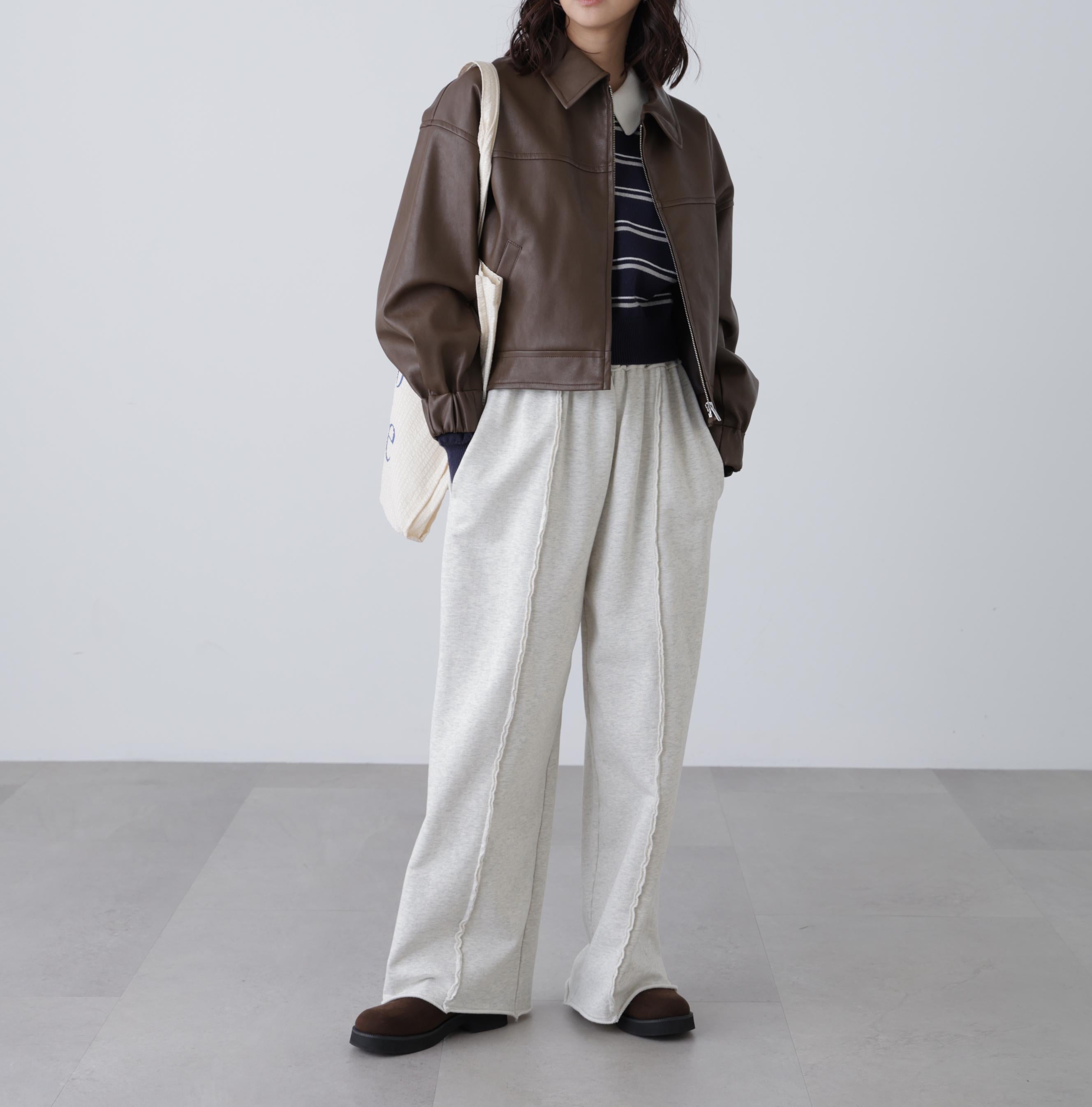 合皮ジップアップブルゾン ブラウン