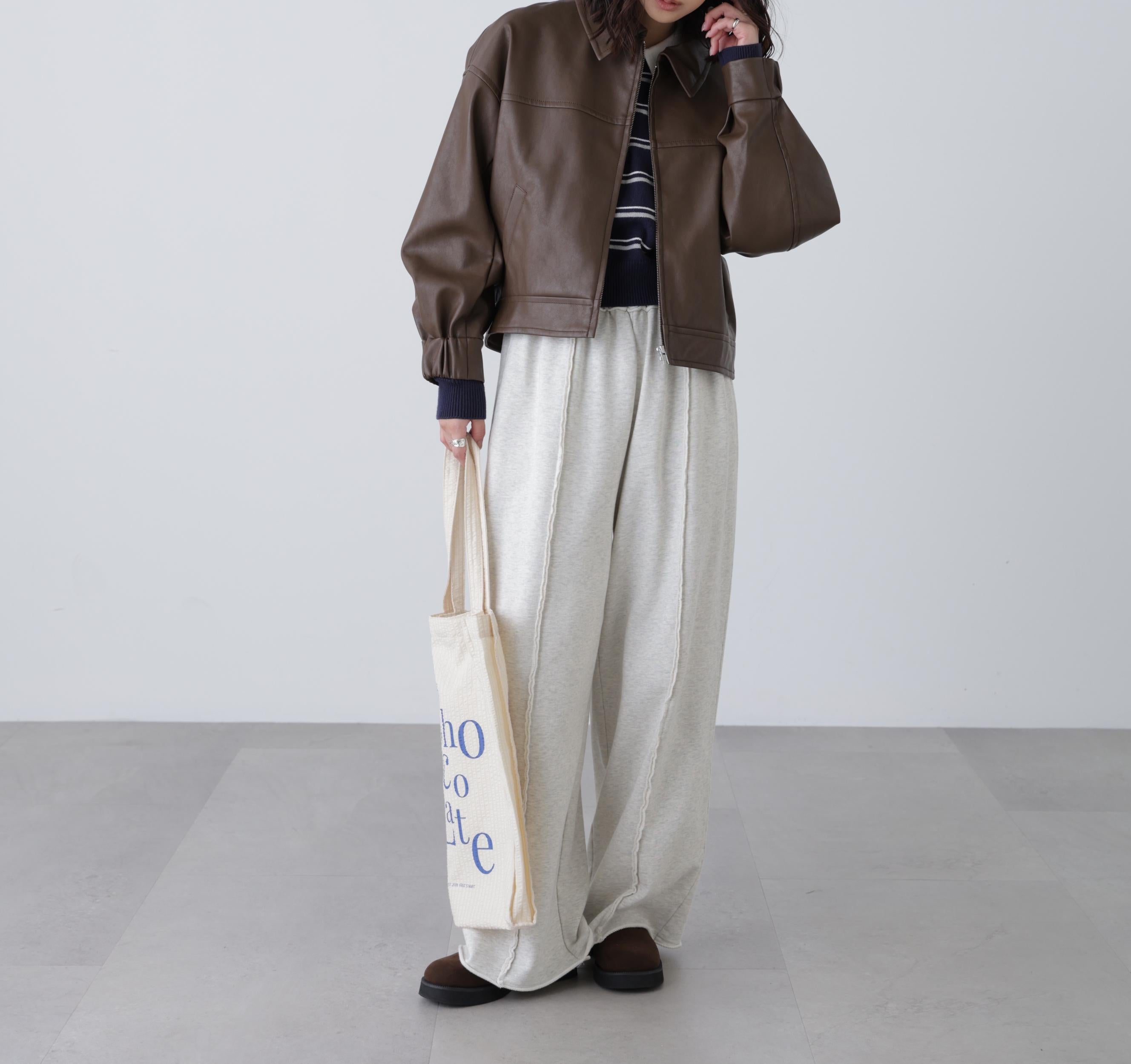 合皮ジップアップブルゾン ブラウン