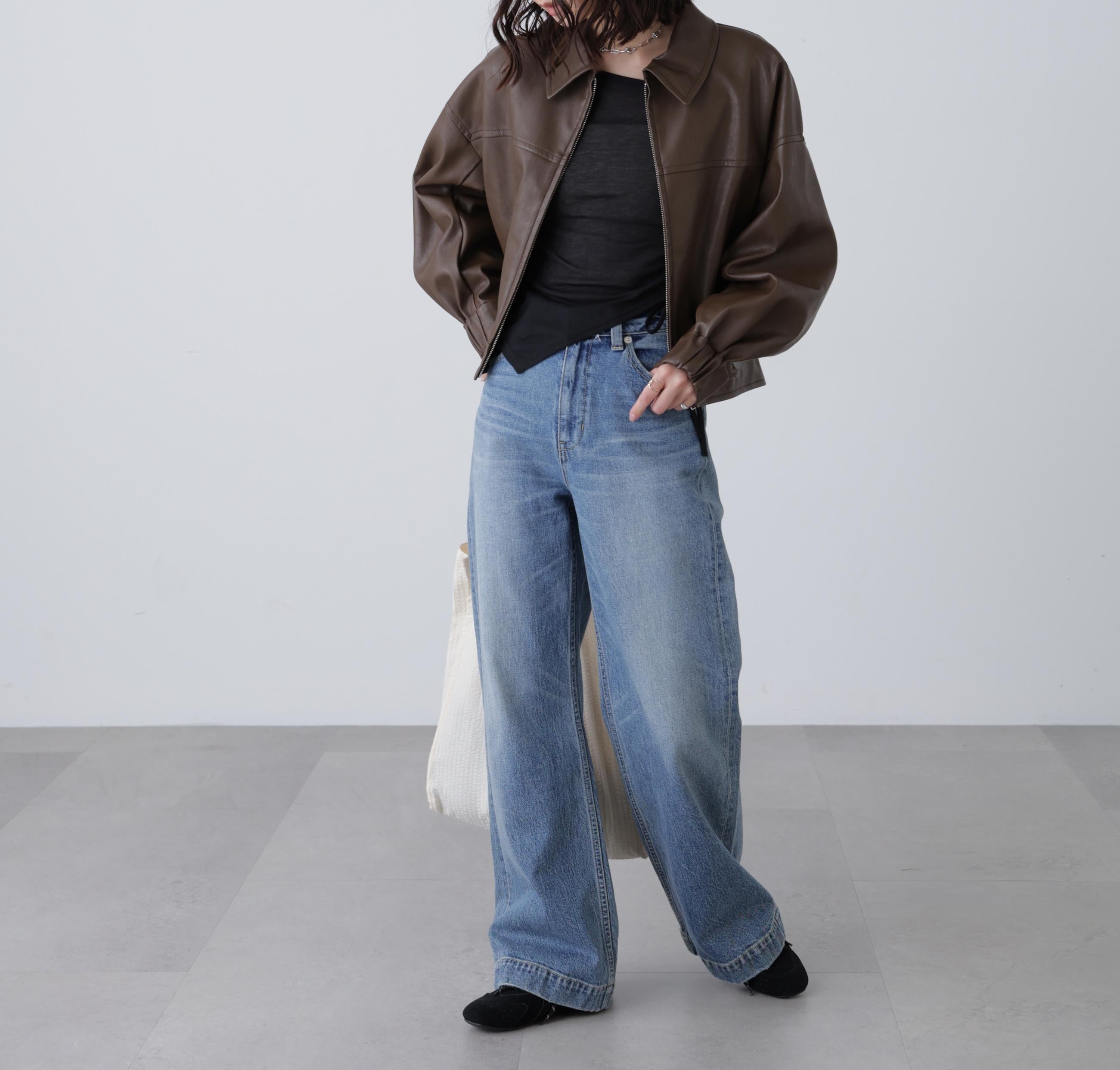 合皮ジップアップブルゾン ブラウン