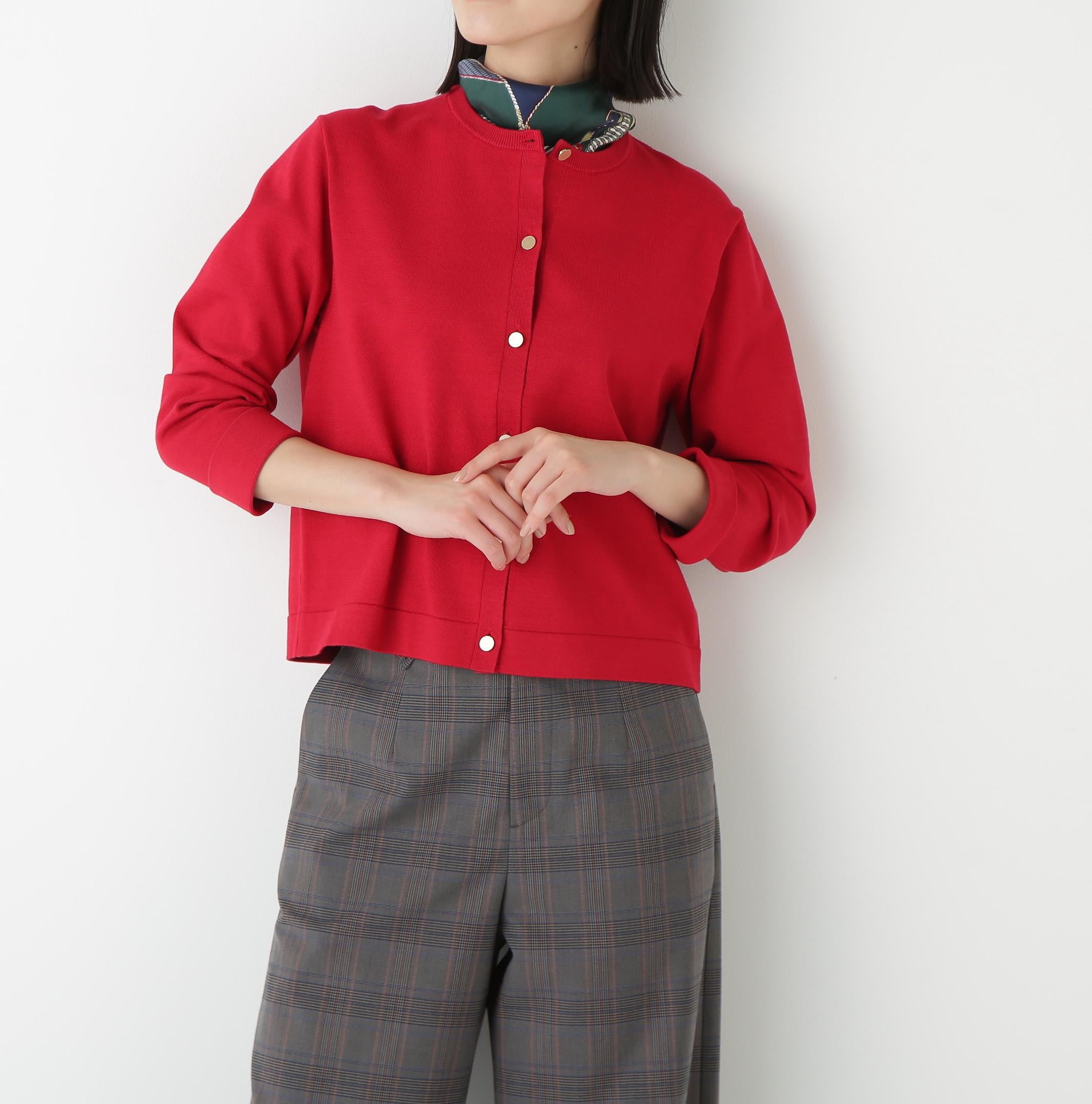 ◆レーヨン混ハイゲージクルーネックカーディガン レッド