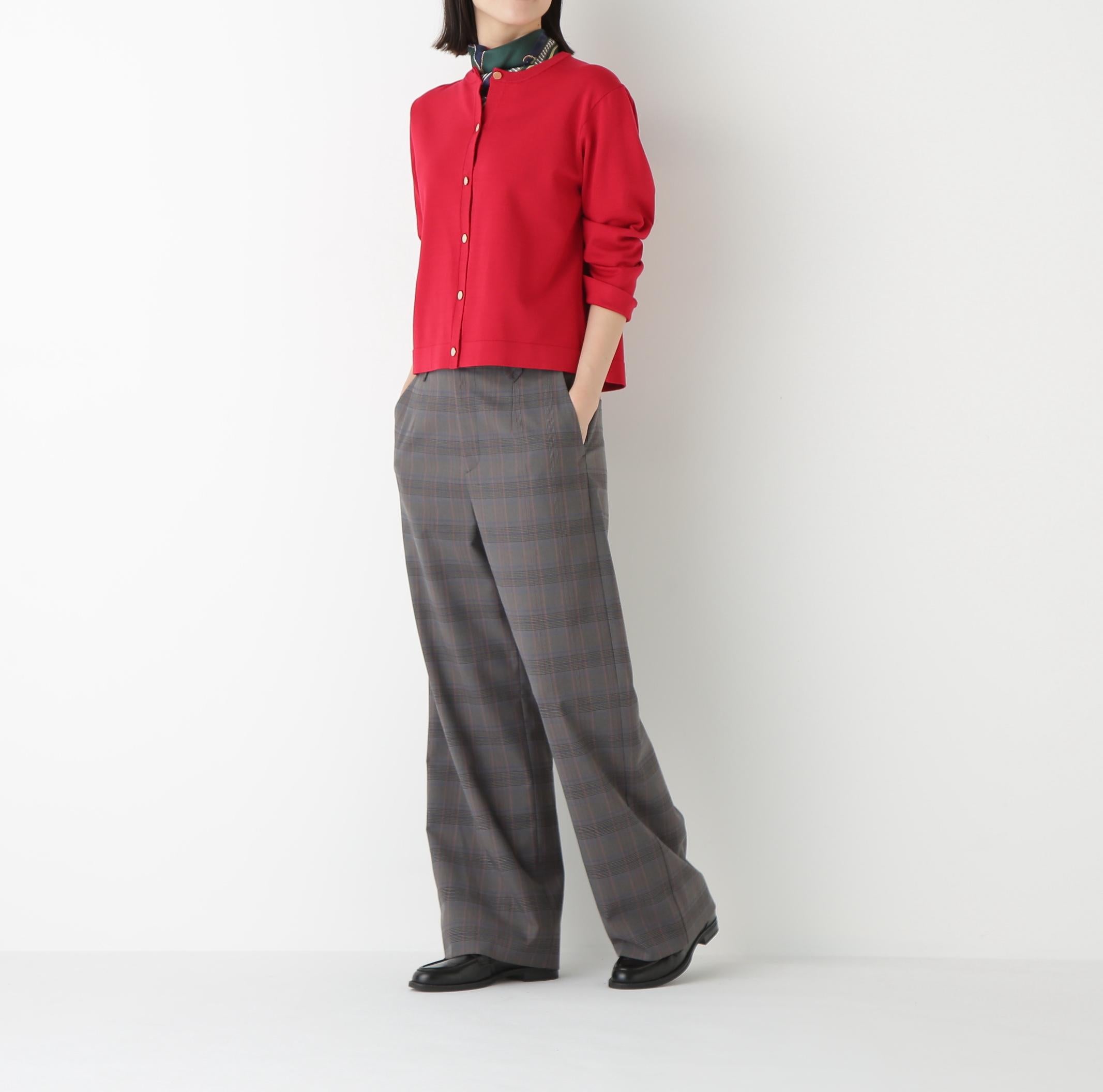 ◆レーヨン混ハイゲージクルーネックカーディガン レッド