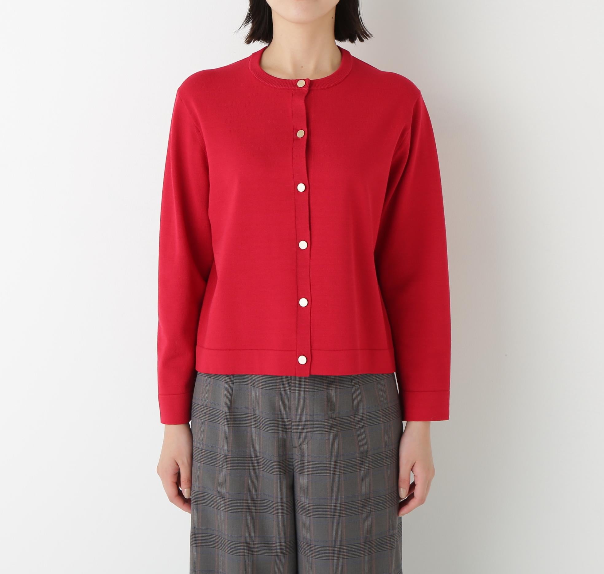 ◆レーヨン混ハイゲージクルーネックカーディガン レッド