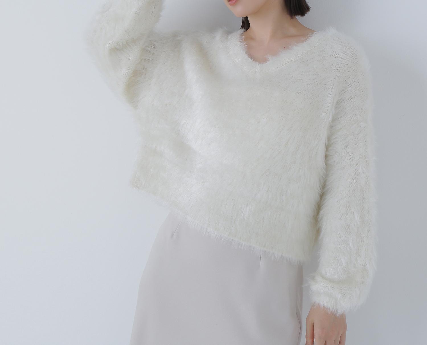 ヘアリーラメニットシリーズ Vネックニット オフ1