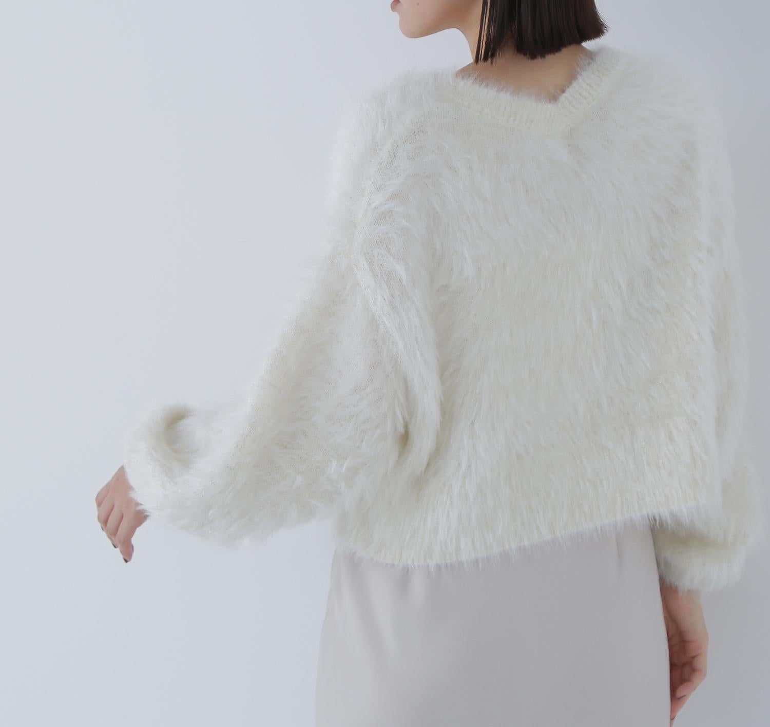 ヘアリーラメニットシリーズ Vネックニット オフ1