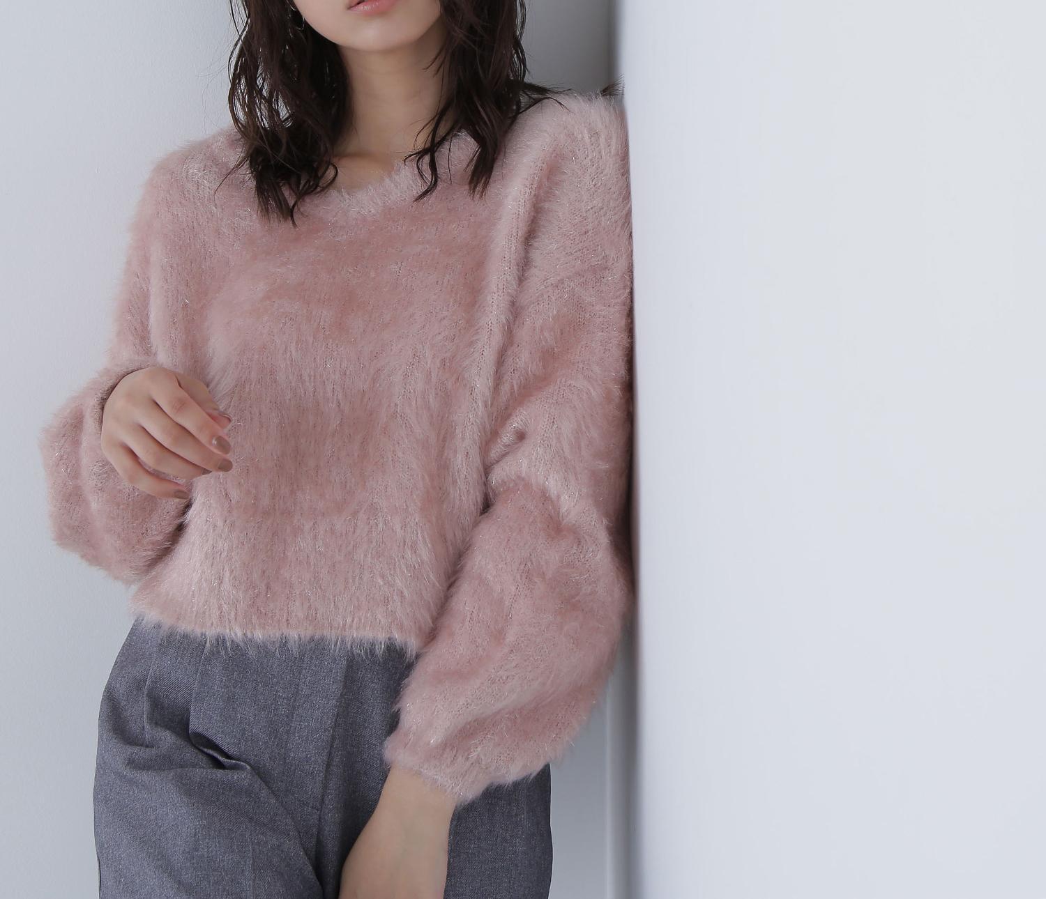 ヘアリーラメニットシリーズ Vネックニット ピンク