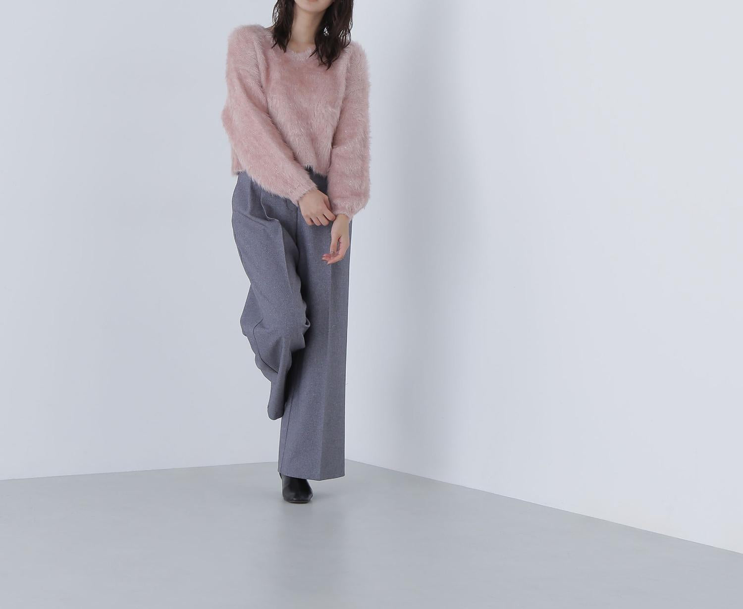 ヘアリーラメニットシリーズ Vネックニット ピンク