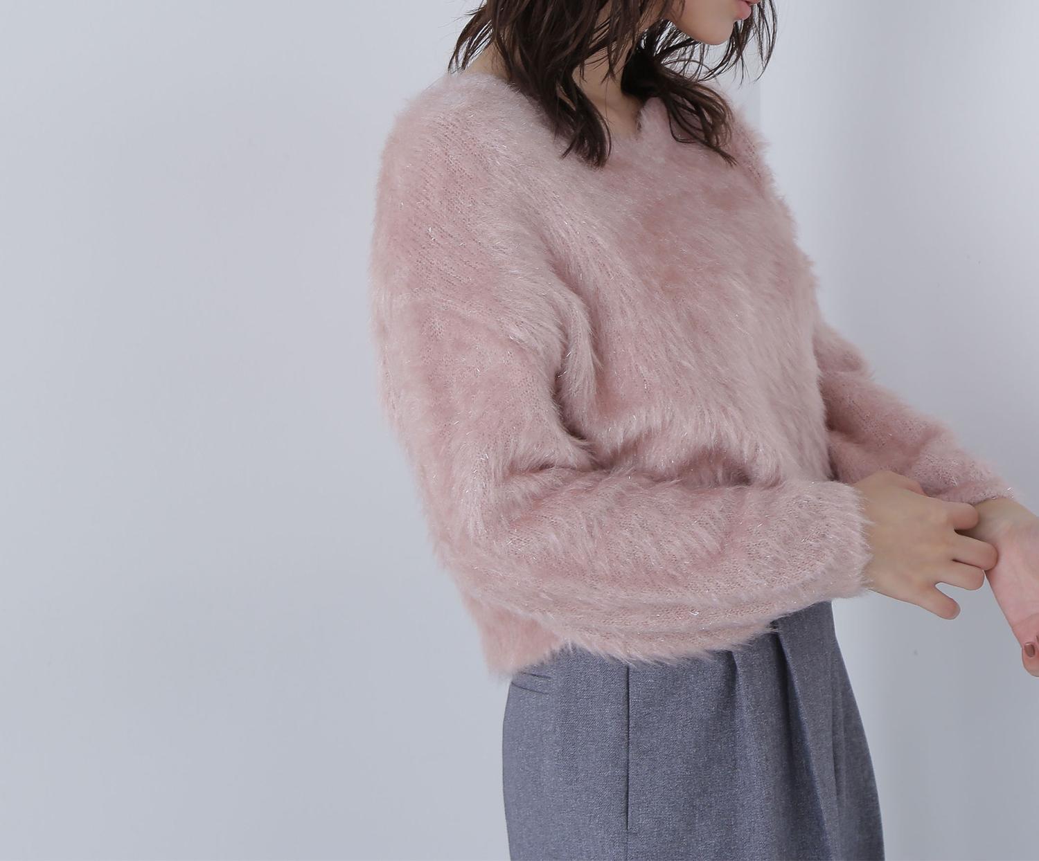 ヘアリーラメニットシリーズ Vネックニット ピンク