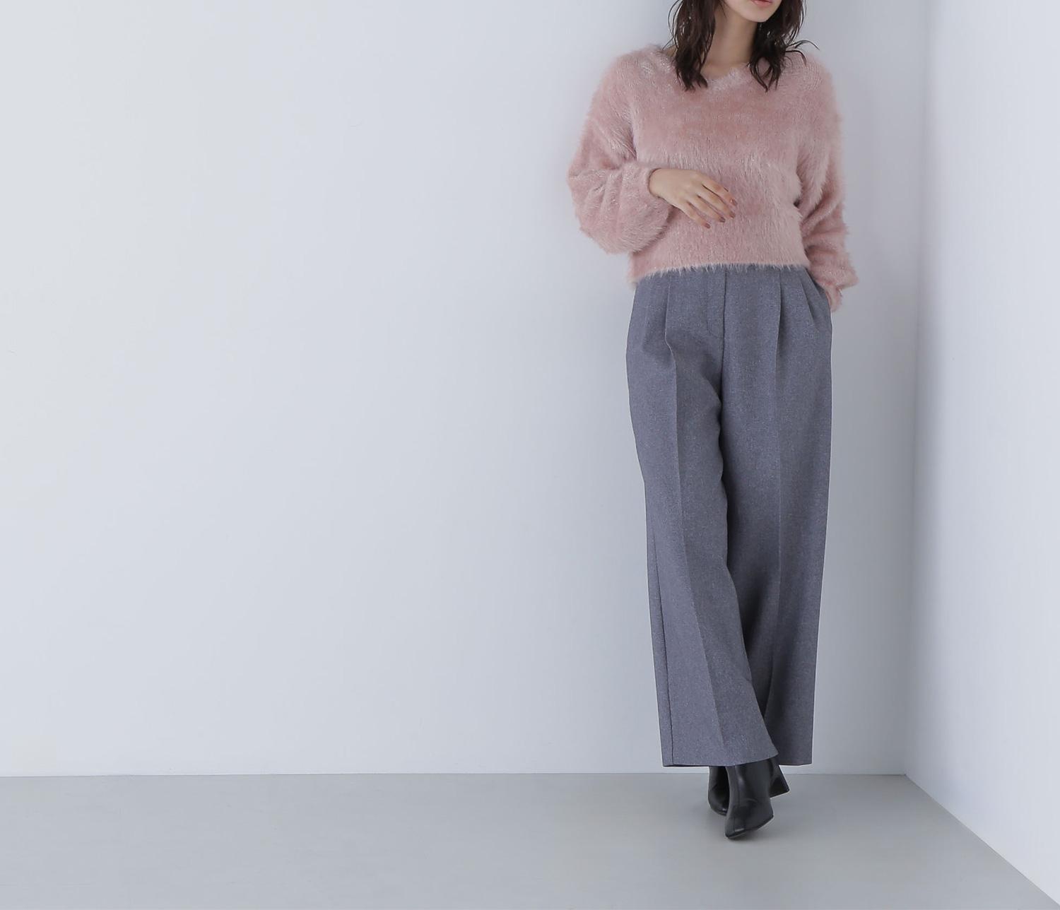 ヘアリーラメニットシリーズ Vネックニット ピンク