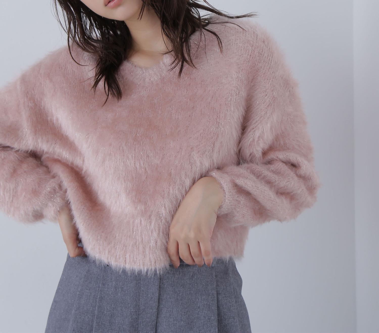 ヘアリーラメニットシリーズ Vネックニット ピンク