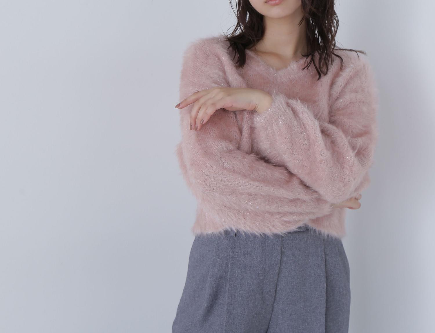 ヘアリーラメニットシリーズ Vネックニット ピンク