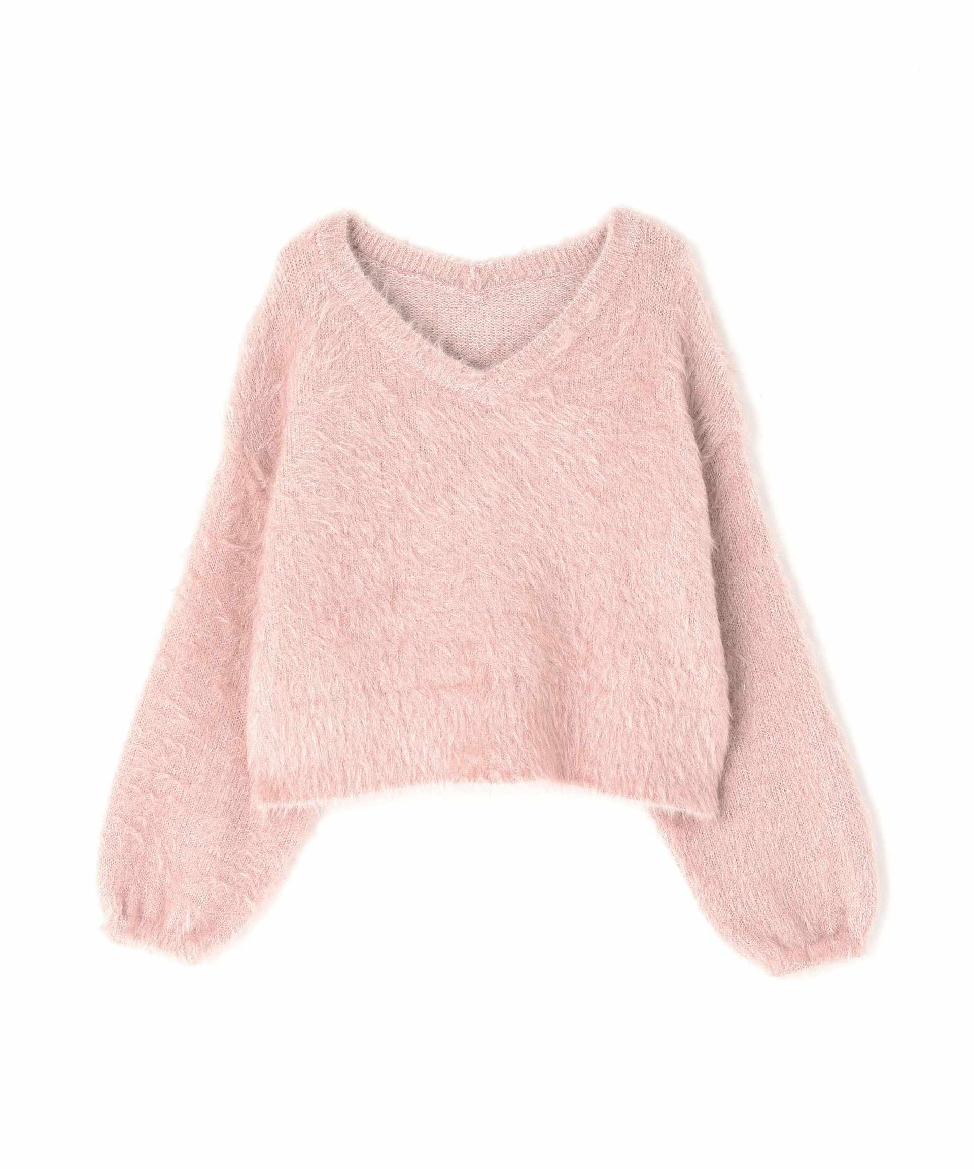 ヘアリーラメニットシリーズ Vネックニット ピンク